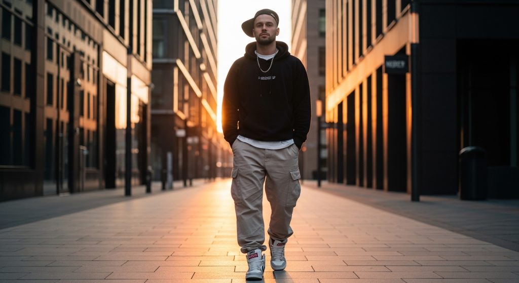 Confident man walking down a clean city street wearing a complete streetwear outfit during golden hour.