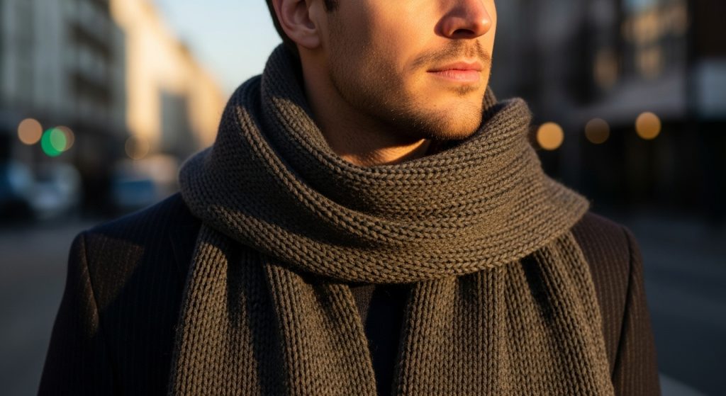 Close-up of a man wearing a luxurious cashmere scarf over a tailored coat, urban background, sunlight highlighting fabric texture.”