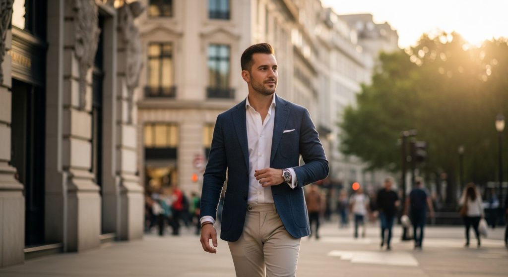 Man layering white shirt under navy blazer with chinos, urban city background.