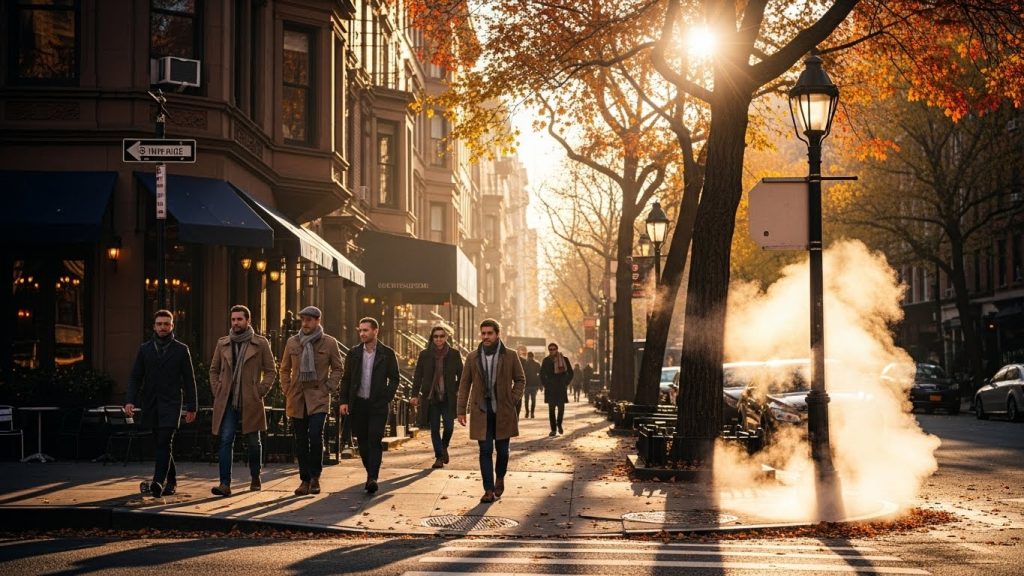 Full-body image of a woman in a cozy Thanksgiving outfit wearing a knit sweater, wool skirt, and boots, standing on a fall path with golden leaves.
