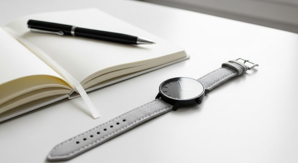 "Minimalist wristwatch on white desk with notebook and pen, bright natural light."
