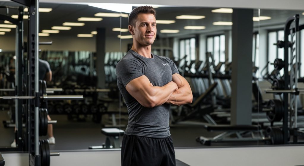 Confident man in fitted athletic wear standing near gym mirrors.