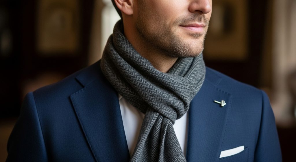 Man wearing a cashmere scarf tied in a loop over a tailored blazer, highlighting neat styling.