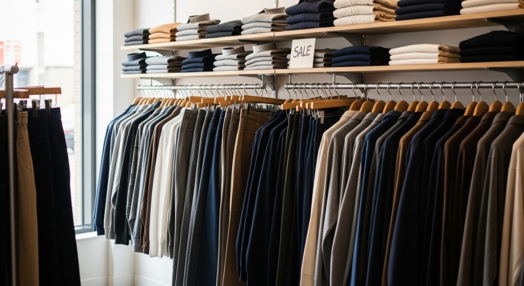 Men’s clothing rack in a budget-friendly store with neutral colors and casual outfits