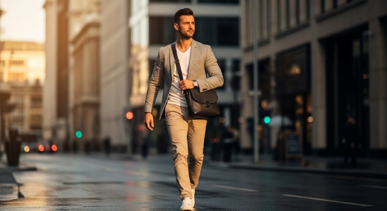 Stylish man in tailored blazer and chinos walking in city street, affordable luxury look.