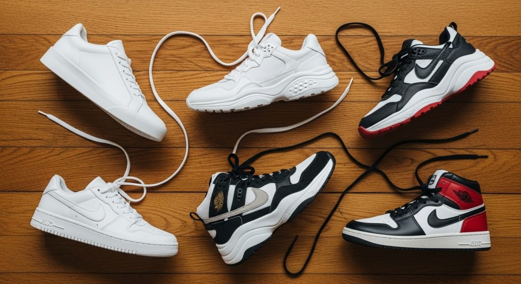 Urban Fashion: How to Style Sneakers Like a Pro | Street Style Tips 2 Flat lay of various sneakers: white minimalistic, chunky retro, and limited-edition pairs.