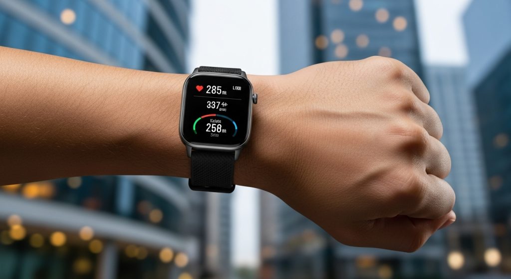Modern smartwatch on a man’s wrist during exercise, urban gym background.