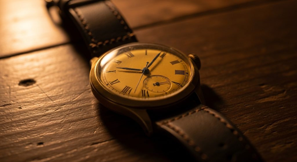 Vintage men's watch on wooden surface, soft amber light, classic look.