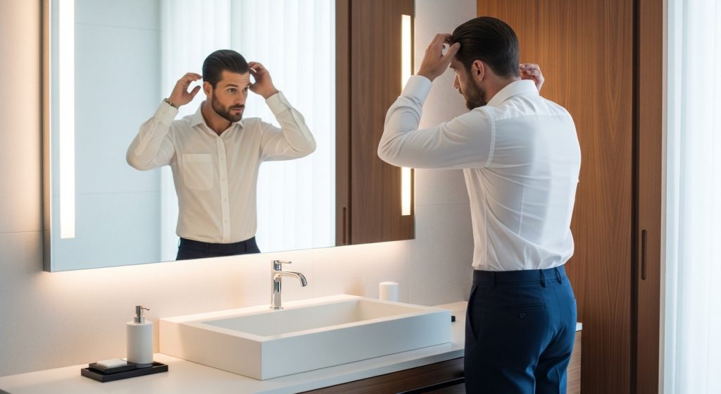 Man grooming in front of mirror, clean hair, trimmed beard, minimalist bathroom setting.