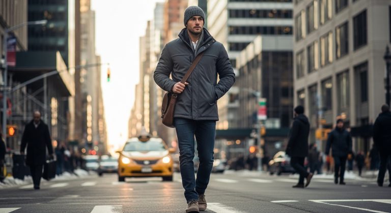 Man wearing a stylish insulated winter jacket walking through a city street.