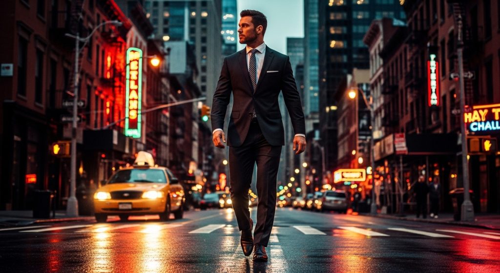 Man walking confidently down a city street in a fitted suit, cinematic evening lighting highlighting poise and posture.