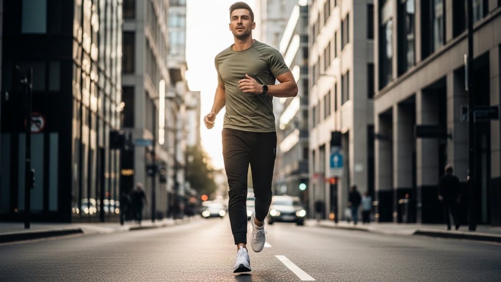 How to Stay Fit and Stylish: The Ultimate Fashion Guide for Active Men 1 Fit man jogging in urban street wearing stylish athletic outfit.