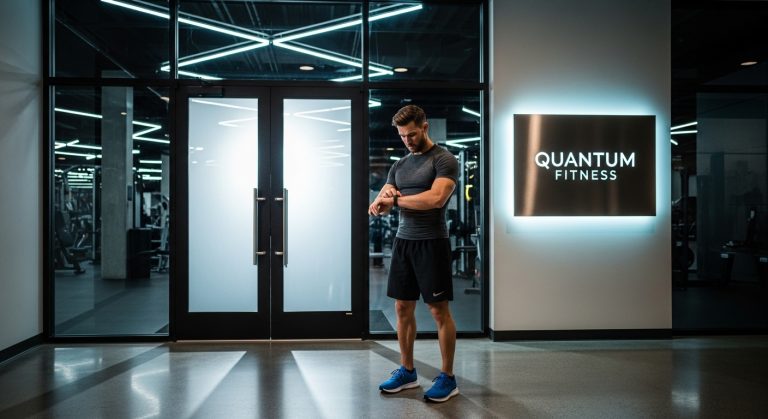 Man standing at a gym entrance adjusting his gear with modern lighting.