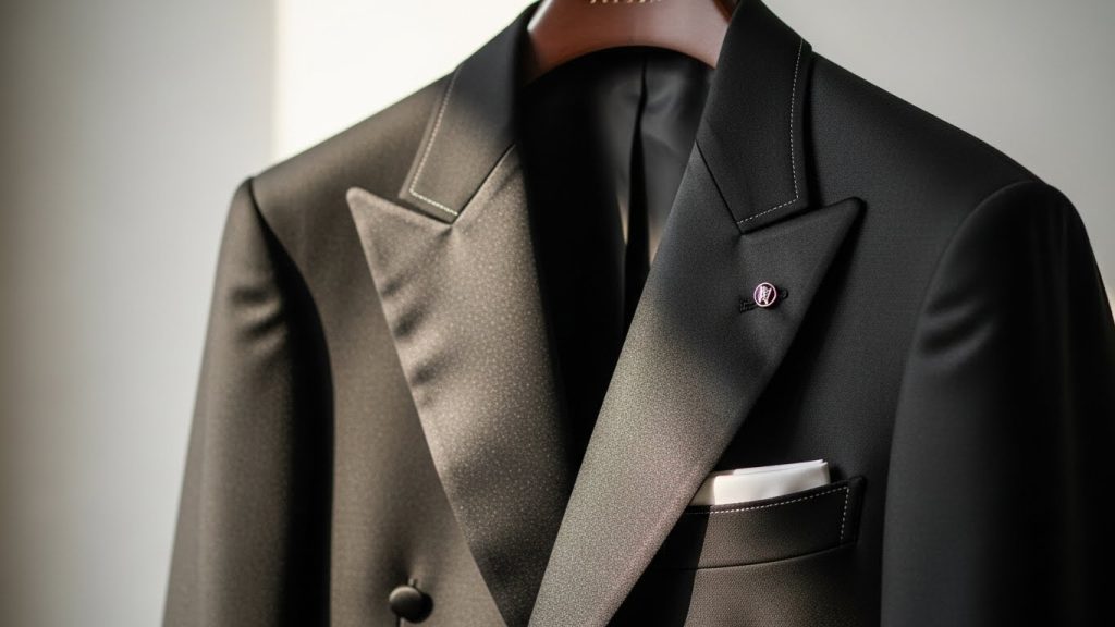 Luxury Black Tie Men’s Wedding Style: Timeless Groom Inspiration 2 Tailored tuxedo with peak lapel hanging on hanger.