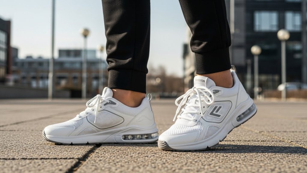 How to Stay Fit and Stylish: The Ultimate Fashion Guide for Active Men 5 White multifunctional sneakers paired with black slim joggers.