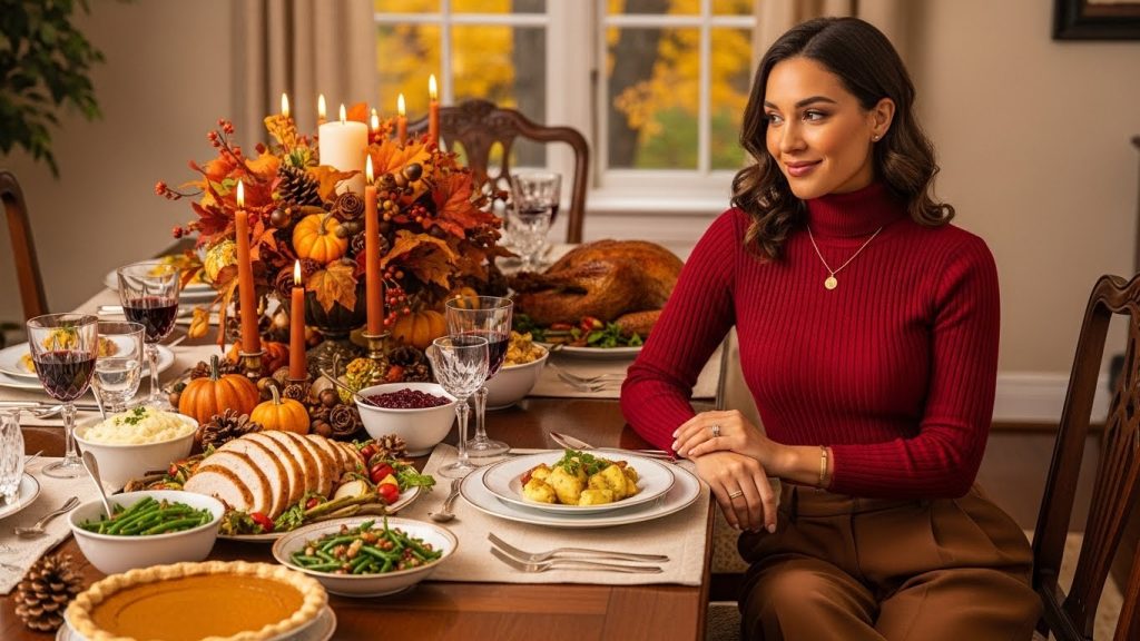 Thanksgiving Outfits Women Cute Cozy and Trendy 2025 5 Full-body image of a woman wearing a flannel shirt, quilted vest, leggings, and fall boots in a cozy home decorated for Thanksgiving.