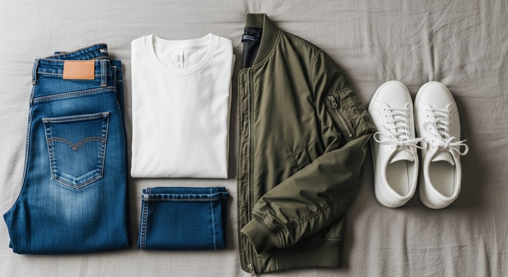Capsule wardrobe laid out on bed: jeans, white tee, denim jacket, sneakers.