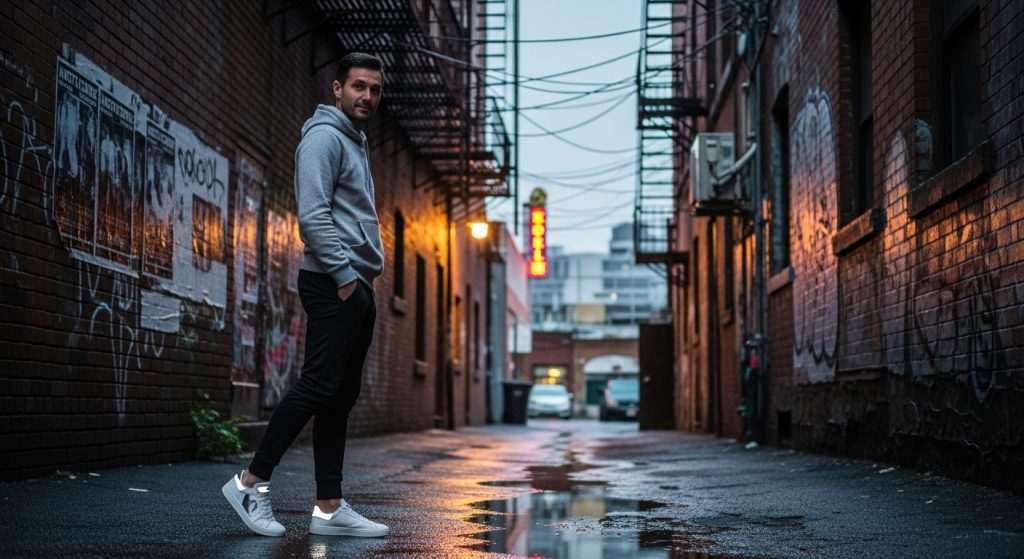 Urban Fashion: How to Style Sneakers Like a Pro | Street Style Tips 3 Man in slim joggers showing off white sneakers, urban alley background.