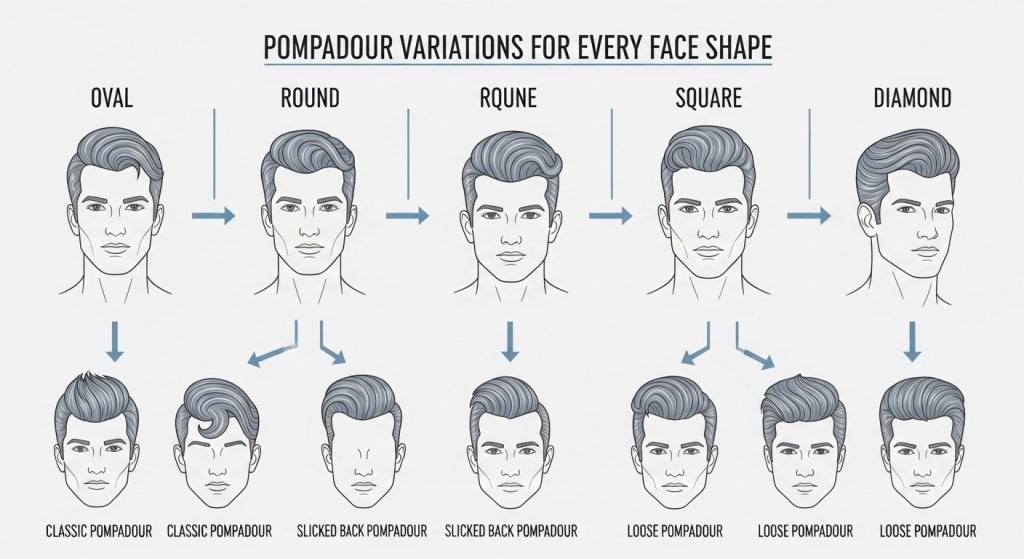 Infographic showing different male face shapes with suggested pompadour styles for oval, round, square, and heart-shaped faces.