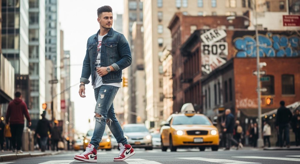 Urban Fashion: How to Style Sneakers Like a Pro | Street Style Tips 1 Young man wearing stylish sneakers and denim jacket walking in city street.