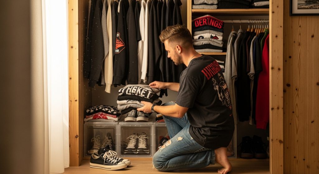 Young man organizing a small closet filled with streetwear items under natural light.