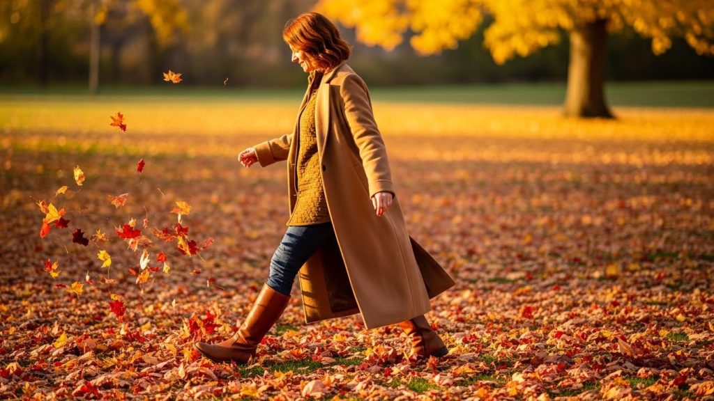 Thanksgiving Outfits Women Cute Cozy and Trendy 2025 7 Full-body image of a woman in a warm beige sweater, pleated midi skirt, and suede boots walking through a fall park covered in orange leaves.
