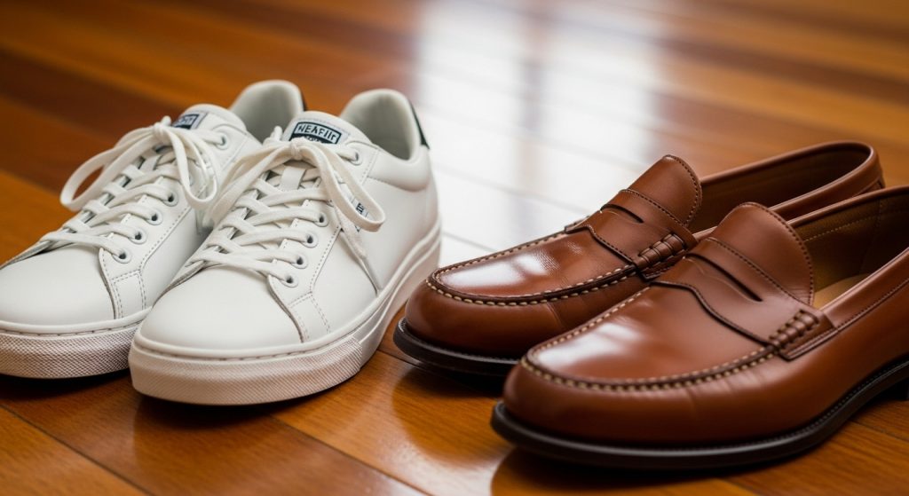 Close-up of clean white sneakers and brown loafers on wooden floor.