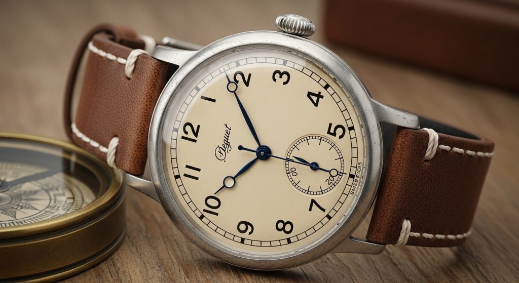 Vintage-style men’s watch with leather strap and classic retro dial, soft natural lighting.