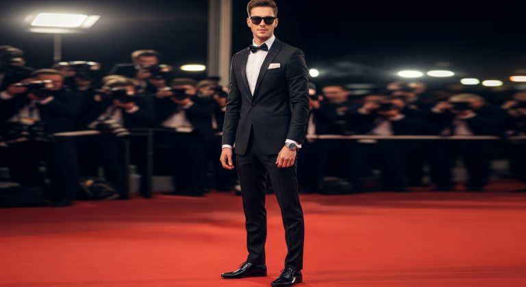 Man on Hollywood red carpet in tailored tuxedo, sunglasses, and polished shoes.