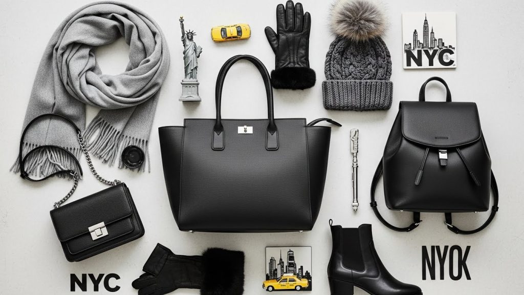 Structured tote and winter crossbody bag arranged with accessories.