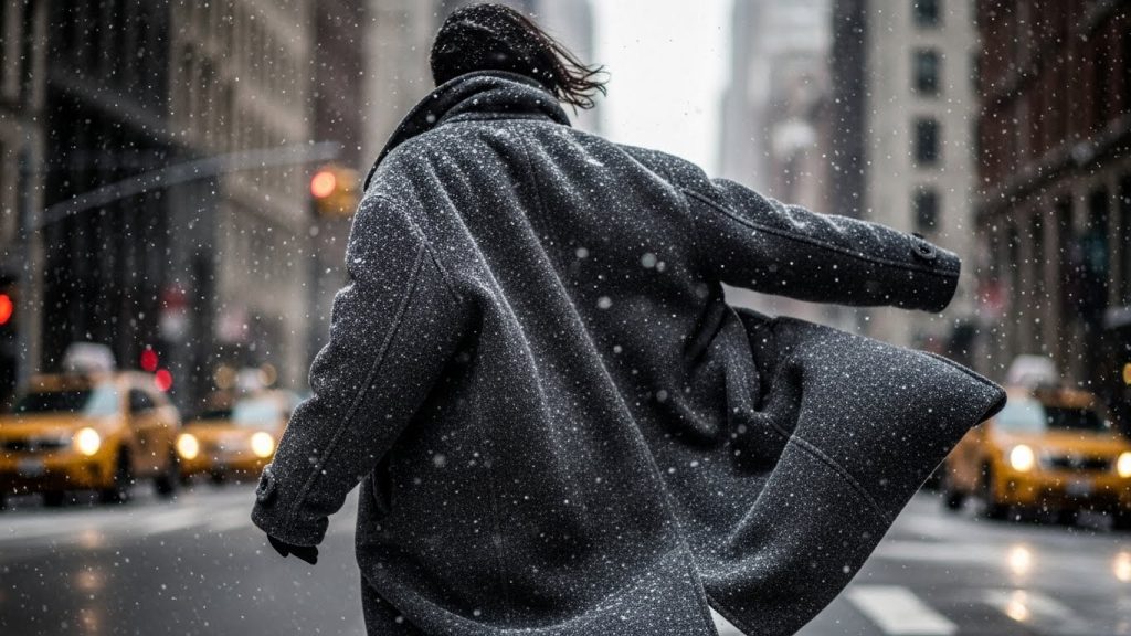 People walking in cozy winter outfits on a snowy NYC street.