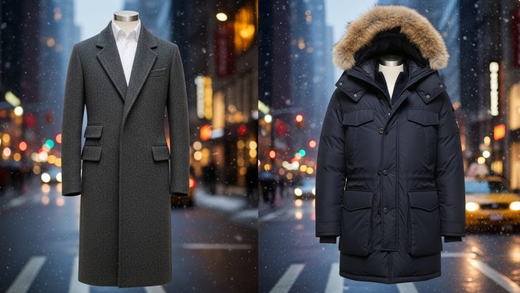 Wool coat and winter parka displayed against a snowy NYC backdrop.
