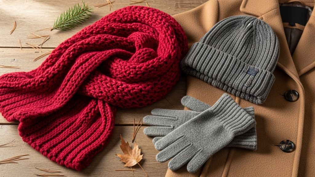 Scarf, beanie, and gloves styled beside a winter coat.