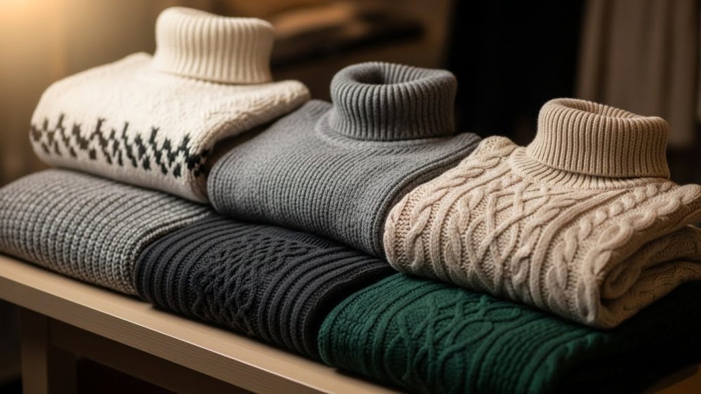 Folded chunky sweaters and turtlenecks in warm winter textures.
