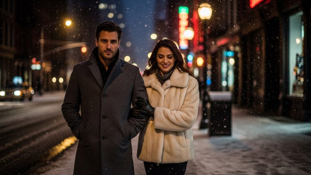 Chic wool and faux-fur coats styled on a New York winter street.