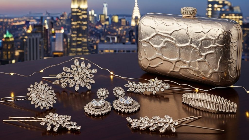 Sparkling earrings, metallic clutch, and crystal hairpins arranged stylishly.