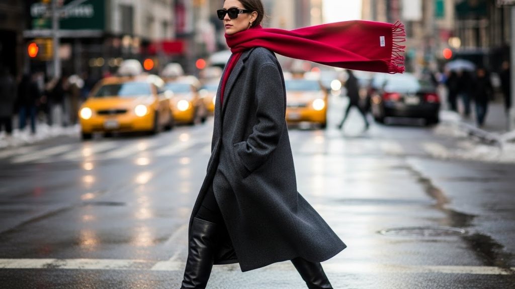Long wool coat styled on a busy New York winter street.