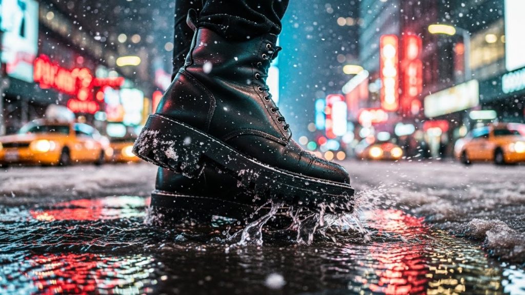 Chunky winter boots walking through snowy New York sidewalks.