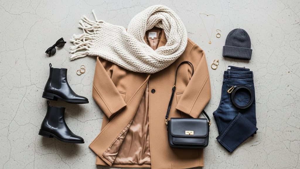 Flat-lay of coat, boots, scarf, and winter accessories.