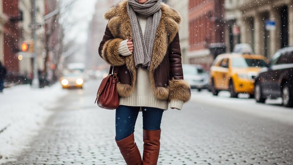 Wool and leather layered together in a textured winter outfit.