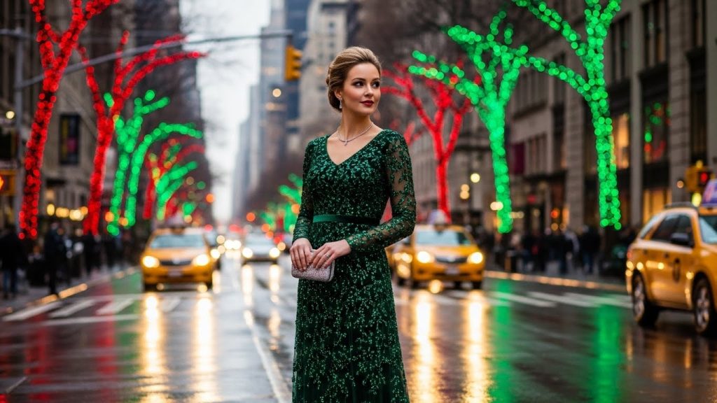 Sequin and velvet holiday dresses glowing under NYC lights.