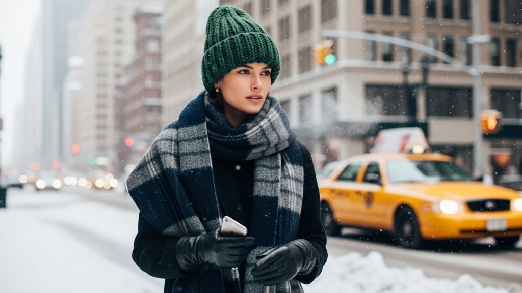 Beanie, scarf, and gloves styled for winter in NYC.