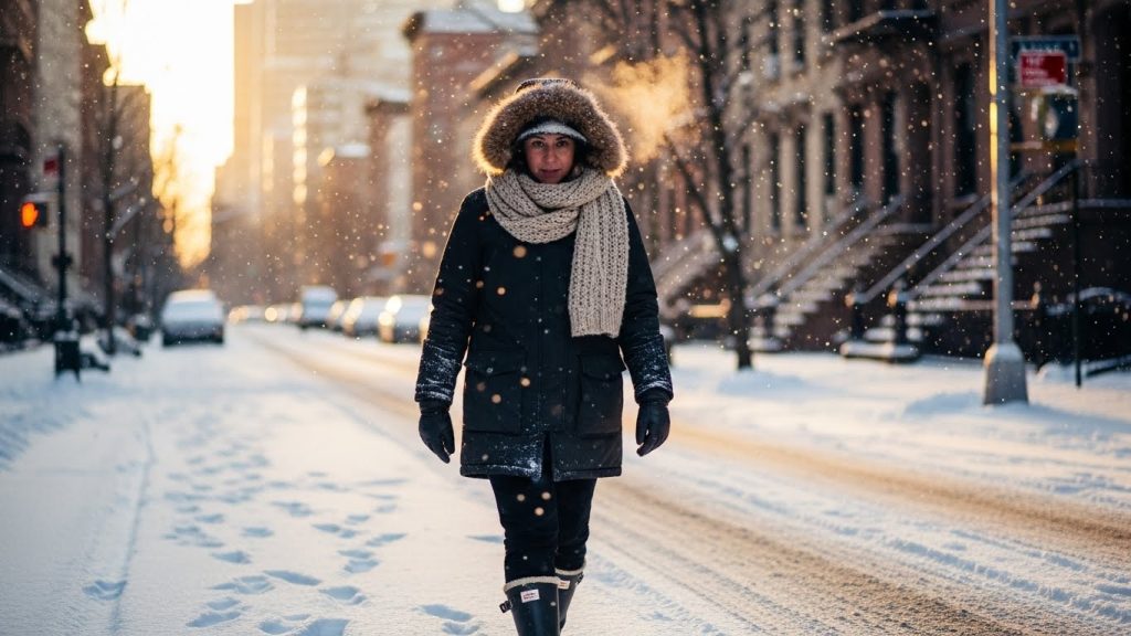 Person walking through snowy NYC wearing warm winter clothing.