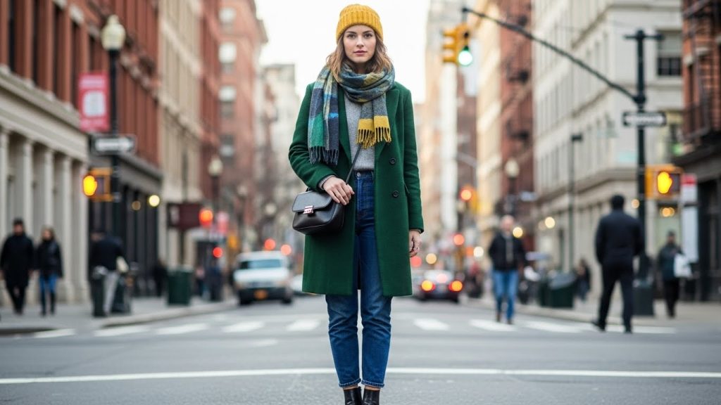 Thrifted winter coat and budget accessories styled on a New York street.