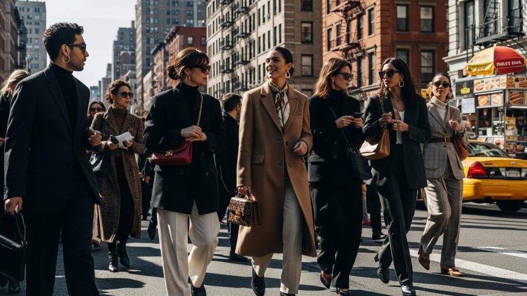 5 chic street style looks in NYC on a busy city sidewalk.