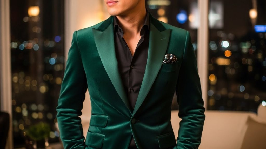 Tailored velvet or satin suit styled for a New York holiday party.