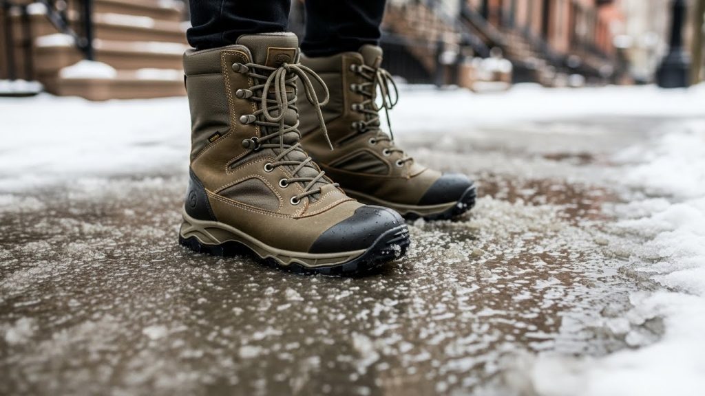 Waterproof winter boots stepping through snowy New York sidewalks.