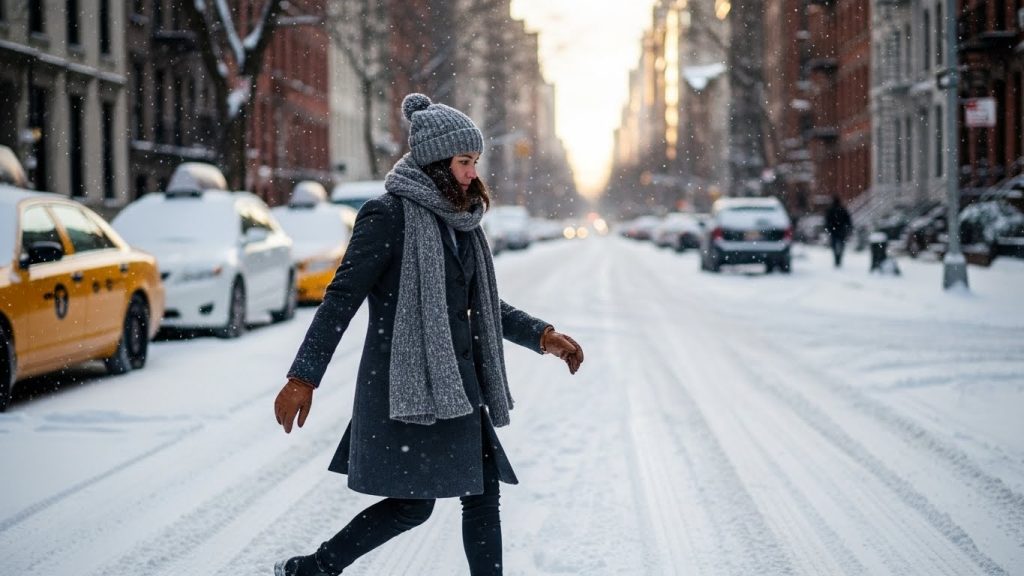 Person walking confidently in a warm winter outfit through snowy NYC streets.