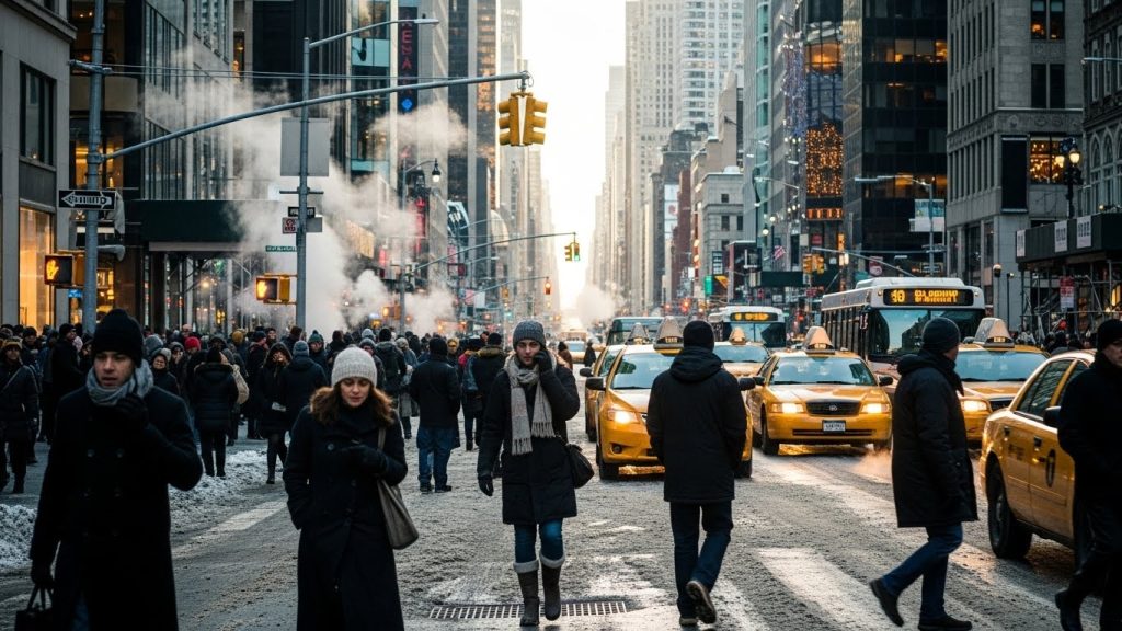 People walking through a cold NYC street wearing winter coats and boots.