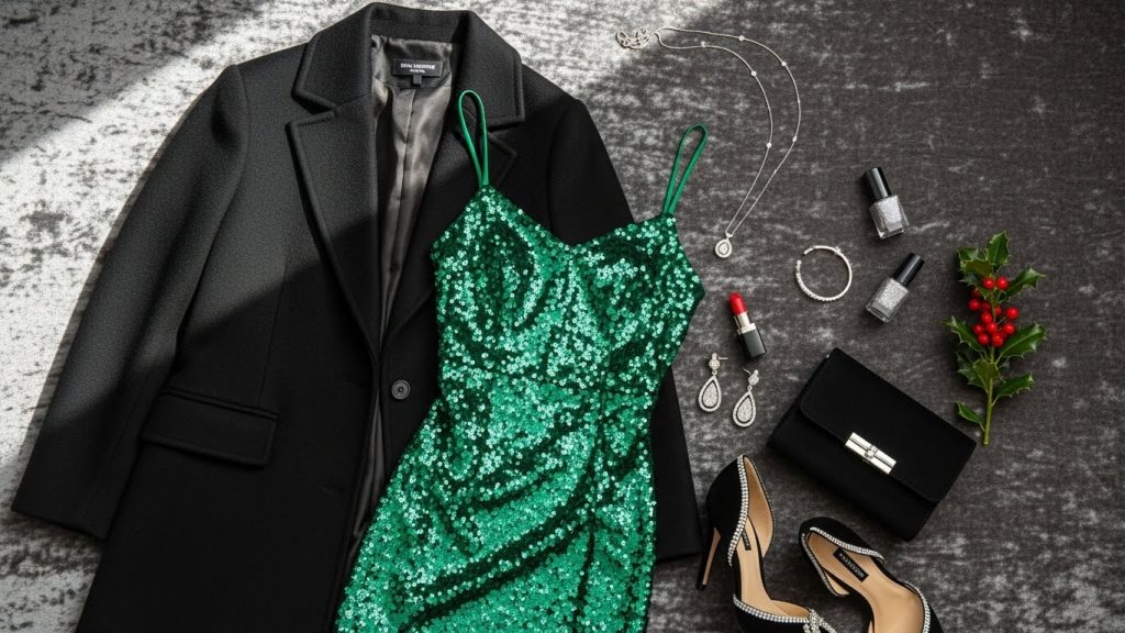 Flat-lay of a holiday outfit with dress, heels, coat, and accessories.